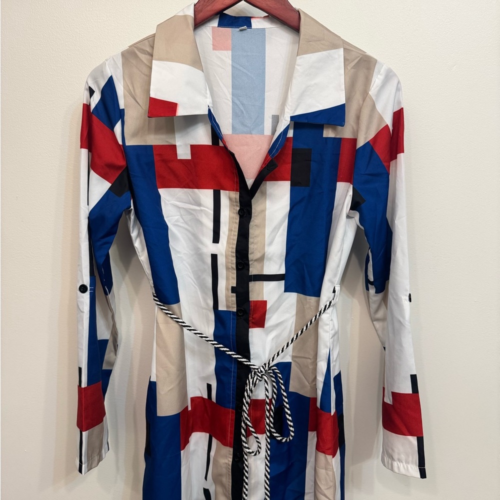 Colorful Geometric Print Shirt Dress - Large - Picture 2 of 10